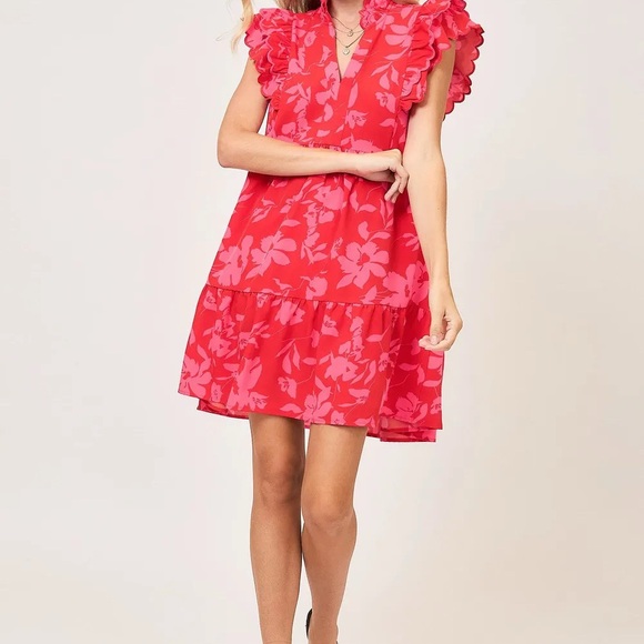 Umgee Full Size Two Tone Floral Print Ruffle Cap Sleeve Mini Dress Plus Size - Picture 5 of 7